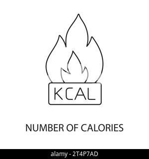 Numero di calorie vettore icona linea per imballaggio alimentare, illustrazione della fiamma di fuoco e scritta kcal. Illustrazione Vettoriale