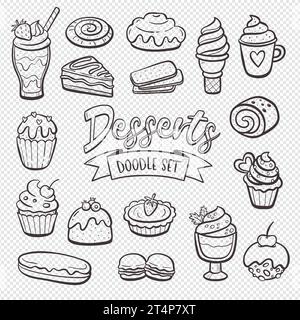 Prodotti da dessert isolati su sfondo bianco. Cupcake, dolci, gelati e pasticcini. Illustrazione disegnata a mano. Articoli per doodle isolati. Illu. Vettore Illustrazione Vettoriale