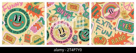 90 Set di pattern senza cuciture per collage Cool Sticker. Divertente stampa al neon con patch in stile retro Millennium. Cartoon Fun Smile Faces, illustrazione vettoriale stile y2k. Illustrazione Vettoriale