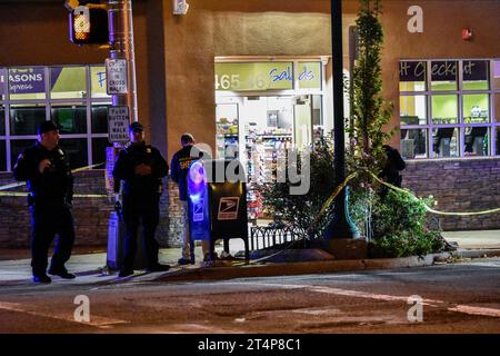 Teaneck, Stati Uniti. 31 ottobre 2023. Gli investigatori fotografano la scena e raccolgono prove. Il bambino è stato pugnalato a Teaneck. Notte di Halloween, un bambino è stato pugnalato nell'area di American Legion Drive e Cedar Lane a Teaneck, New Jersey. La polizia ha risposto alla scena e gli investigatori hanno scattato delle foto dell'incidente. Nessuna informazione era immediatamente disponibile dalla polizia. Credito: SOPA Images Limited/Alamy Live News Foto Stock