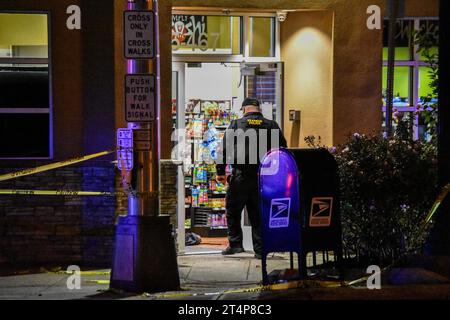 Teaneck, Stati Uniti. 31 ottobre 2023. Gli investigatori fotografano la scena e raccolgono prove. Il bambino è stato pugnalato a Teaneck. Notte di Halloween, un bambino è stato pugnalato nell'area di American Legion Drive e Cedar Lane a Teaneck, New Jersey. La polizia ha risposto alla scena e gli investigatori hanno scattato delle foto dell'incidente. Nessuna informazione era immediatamente disponibile dalla polizia. Credito: SOPA Images Limited/Alamy Live News Foto Stock