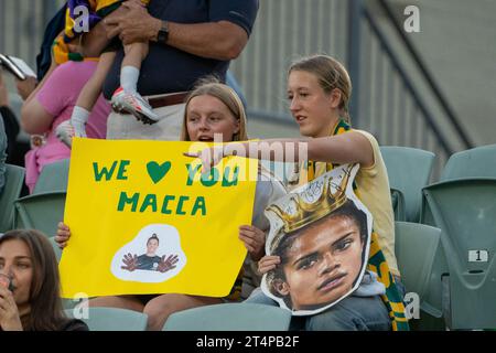 Perth, Australia. 1 novembre 2023. Perth, Australia, 1 novembre 2023: Tifosi australiani all'interno dello stadio durante la partita di qualificazione olimpica femminile dell'AFC, secondo round tra Australia e Taipei cinese al Perth Rectangular Stadium di Perth, Australia (Noe Llamas/SPP) credito: SPP Sport Press Photo. /Alamy Live News Foto Stock