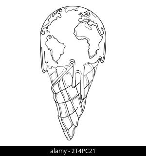 Cambiamento climatico e concetto di riscaldamento globale. Il pianeta Terra in un cono di waffle si sta sciogliendo come un gelato a causa del riscaldamento globale e dell'inquinamento atmosferico. Illustrazione Vettoriale