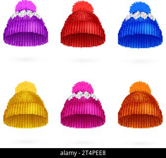 Cappelli a maglia realistici. berretto isolato in 3d per neve fredda invernale o sci, berretto in lana per maglieria di natale caldo, berretti colorati con set pompon decorato con un'illustrazione vettoriale di cappello freddo Illustrazione Vettoriale