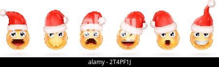 emoticon di natale in 3d. Emoji natalizie, volti emoticon sorridenti nel berretto di babbo natale, sorrisi gialli e sensazioni facciali folli, espressione di personaggi delle vacanze invernali illustrazione vettoriale decente del sorriso natalizio Illustrazione Vettoriale