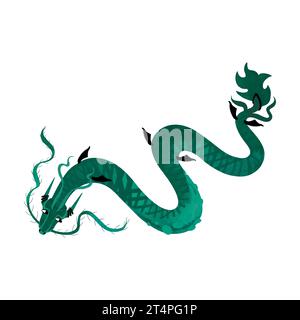 Il drago cinese in legno verde è un simbolo del capodanno asiatico 2024. Personaggio da favola. Illustrazione ad acquerello isolata su sfondo bianco Foto Stock