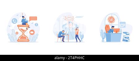 Stress in ufficio. Lavoro di fretta. Deadline, uomo d'affari stanco ed esasperato ha afferrato la testa con icone dei processi aziendali sullo sfondo, sistemate in modo uniforme Illustrazione Vettoriale