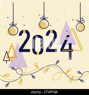 Felice anno nuovo 2024 numeri con poster astratto con palle di Natale ghirlande e pini astratti in stile geometrico. Illustrazione Vettoriale