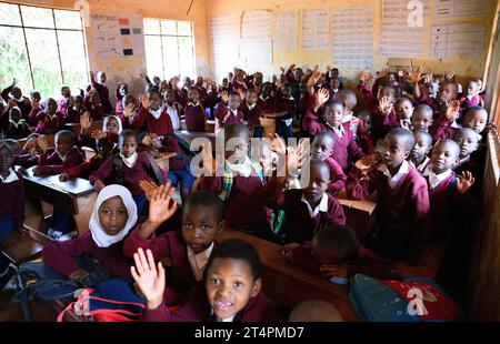 Songea, Tanzania. 1 novembre 2023. Gli studenti della Maji-Maji Primary School di Songea si siedono in un'aula durante la visita del presidente Steinmeier. Steinmeier ha concluso il suo viaggio in Tanzania mercoledì con la sua visita a Songea. Crediti: Bernd von Jutrczenka/dpa/Alamy Live News Foto Stock
