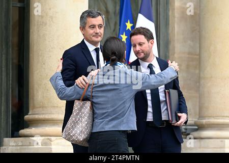 Parigi, Francia. 31 ottobre 2023. Julien Mattia/le Pictorium - al termine della riunione del Consiglio dei ministri del 31 ottobre 2023. - 31/10/2023 - Francia/Ile-de-France (regione)/Parigi - Gerald Darmanin, Ministro dell'interno e d'oltremare Francia, Clement Beaune, Ministro delegato dei trasporti e Amelie Oudea-Castera, Ministro dello sport e dei Giochi olimpici e paraolimpici, in uscita dal Consiglio dei ministri, all'Elysee, 31 ottobre 2023. Crediti: LE PICTORIUM/Alamy Live News Foto Stock