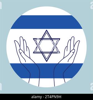 Bandiera nazionale di Israele con la Stella di David a palme aperte simbolo con logo a forma di icona su sfondo bianco.illustrazione vettoriale Illustrazione Vettoriale