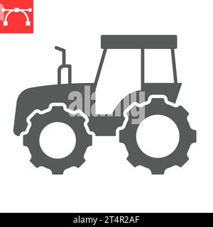 Icona glifo trattore, agricoltura e agricoltura, icona vettore trattore, grafica vettoriale, segno solido tratto modificabile, eps 10. Illustrazione Vettoriale
