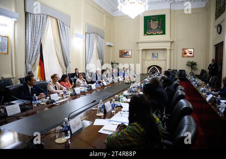 Lusaka, Zambia. 1 novembre 2023. Il presidente tedesco Frank-Walter Steinmeier (5° da sinistra) e Hakainde Hichilema, presidente dello Zambia, incontrano le loro delegazioni alla State House. Il Presidente Steinmeier è in visita nei paesi dell'Africa orientale della Tanzania e dello Zambia questa settimana. Crediti: Bernd von Jutrczenka/dpa/Alamy Live News Foto Stock