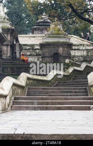 Kathmandu, Nepal: Le gambe hanno attraversato il guru indù in attesa che una famiglia prepari regali per i morti al tempio Pashupatinath, tempio indù dedicato a Shiva Foto Stock