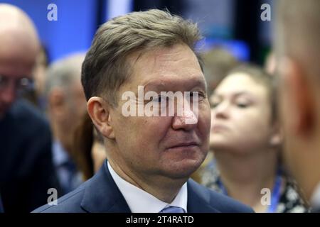 San Pietroburgo, Russia. 1 novembre 2023. Alexey Miller, presidente del Consiglio di amministrazione di Gazprom, partecipa alla 12th St Petersburg International gas Forum (PMGF 2023) a San Pietroburgo. (Foto di Maksim Konstantinov/SOPA Images/Sipa USA) credito: SIPA USA/Alamy Live News Foto Stock