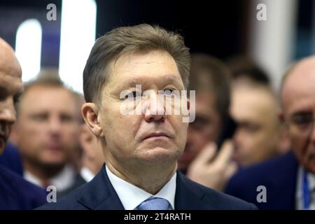 San Pietroburgo, Russia. 1 novembre 2023. Alexey Miller, presidente del Consiglio di amministrazione di Gazprom, partecipa alla 12th St Petersburg International gas Forum (PMGF 2023) a San Pietroburgo. (Foto di Maksim Konstantinov/SOPA Images/Sipa USA) credito: SIPA USA/Alamy Live News Foto Stock