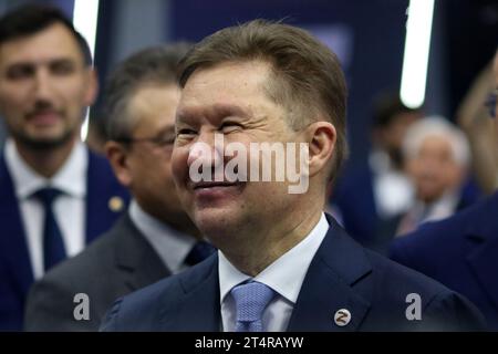 San Pietroburgo, Russia. 1 novembre 2023. Alexey Miller, presidente del Consiglio di amministrazione di Gazprom, partecipa alla 12th St Petersburg International gas Forum (PMGF 2023) a San Pietroburgo. (Foto di Maksim Konstantinov/SOPA Images/Sipa USA) credito: SIPA USA/Alamy Live News Foto Stock
