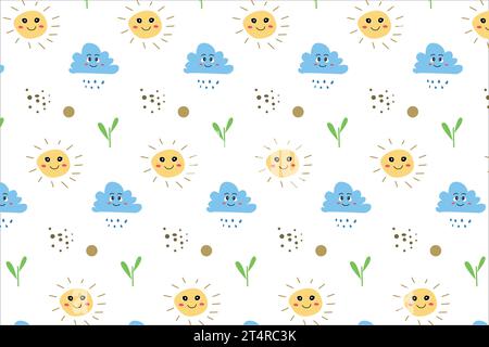 carino modello bambino con sole, fiori, nuvole, semi Illustrazione Vettoriale