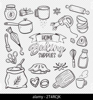 Prodotti da forno isolati su fondo bianco. Illustrazione a forma di doodle disegnata a mano. Forniture per la cottura a domicilio. Illustrazione vettoriale. Impostare 1 di 2. Illustrazione Vettoriale