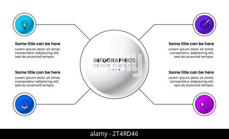 Modello infografico con icone e 4 opzioni o passaggi. Quattro cerchi. Può essere utilizzato per il layout del flusso di lavoro, il diagramma, il banner, il webdesign. Illustrazione vettoriale Illustrazione Vettoriale