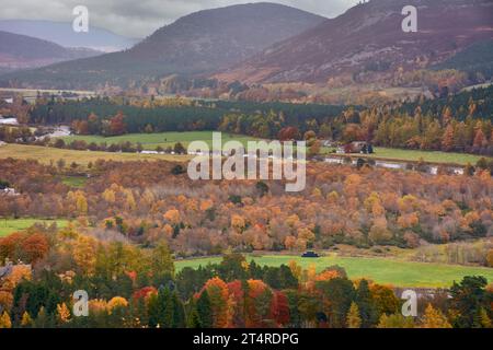 Balmoral Estates Crathie Scozia guardando lungo la valle del Dee fino al fiume Dee, le colline coperte di nebbia, gli alberi colorati e le foglie in autunno Foto Stock