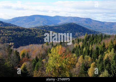 Visita i piccoli Beskids vicino alla città europea di Bielsko-Biala nel voivodato della Slesia in Polonia, cielo azzurro nel 2023 freddo e soleggiato giorno autunnale di novembre. Foto Stock