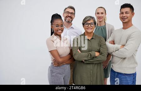 Ritratto di un gruppo di un business team multirazziale in piedi in un gruppo in studio isolato su sfondo grigio. Colleghi di lavoro giovani e anziani Foto Stock