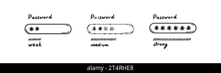 Concezione di password forte, debole e media. Accesso allo schizzo disegnato a mano, disconnessione, verifica, iscrizione, illustrazione autorizzazione. App mobile e pc Illustrazione Vettoriale