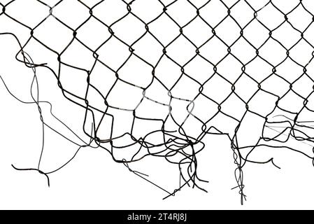 La trama della rete metallica. Rete metallica lacerata, distrutta, rotta su sfondo bianco Foto Stock