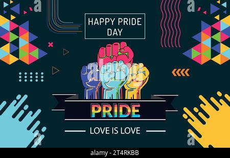 Testo Happy Pride e nastro arcobaleno design astratto dello sfondo. Colorata campagna per i diritti LGBT Rainbow. Lesbiche, gay, bisessuali, transgender, Illustrazione Vettoriale