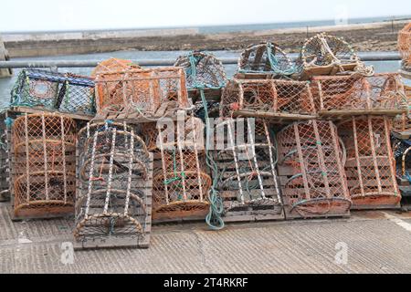 Una collezione di vasi di granchio e aragosta su una parete del porto. Foto Stock