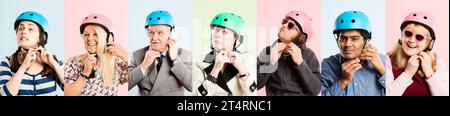 Andiamo su quelle moto. Foto collage di un gruppo eterogeneo di persone in piedi nello studio e in posa mentre indossano i caschi. Foto Stock