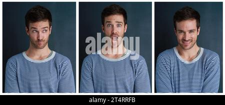 Cercando di non sembrare colpevole. Foto composita di un giovane che tira facce divertenti in studio. Foto Stock