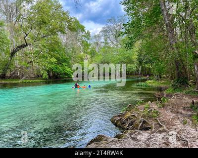 Fort White, Florida USA - 2 marzo 2023: Persone che nuotano nelle limpide acque blu di Gilcrist Blue Springs vicino a Fort White, Florida, in una splendida e soleggiata cittadina Foto Stock