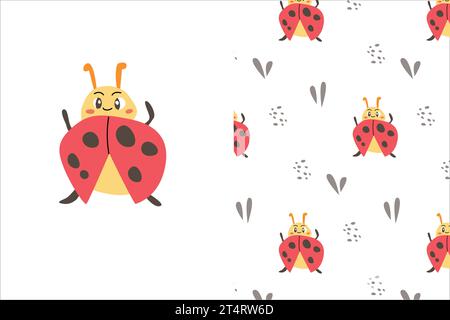 carino insetto rosso e motivo su sfondo bianco Illustrazione Vettoriale