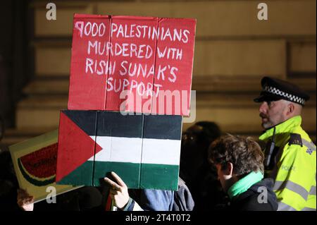 Londra, Regno Unito, 1 novembre 2023. I manifestanti pro-palestinesi si sono riuniti fuori Downing Street durante la visita del vicepresidente americano Kamala Harris per vedere il primo Ministro Rishi Sunak durante il summit dell'IA, mentre Israele continua a bombardare Gaza. Credito : Monica Wells/Alamy Live News Foto Stock