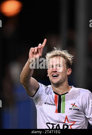 Heverlee, Belgio. 1 novembre 2023. Joren Dom dell'OHL reagisce durante una partita finale della Croky Cup 1/16 tra OH Leuven e Eendracht Elene-Grotenberge (3° Amateur), a Heverlee, mercoledì 01 novembre 2023. BELGA PHOTO JOHN THYS Credit: Belga News Agency/Alamy Live News Foto Stock