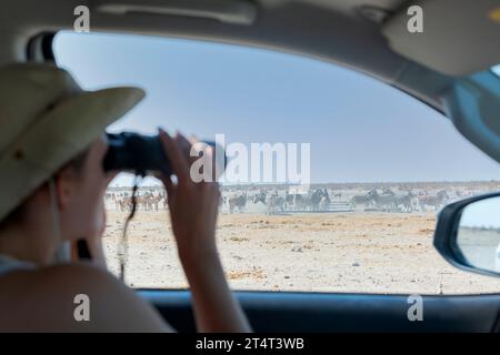 Donna turistica in safari in Africa, viaggia in Kenya, osserva la fauna selvatica nella savana con il binocolo Foto Stock