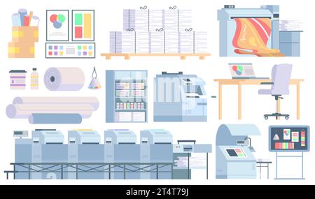 Set di attrezzature poligrafiche per l'industria editoriale e la produzione Illustrazione Vettoriale