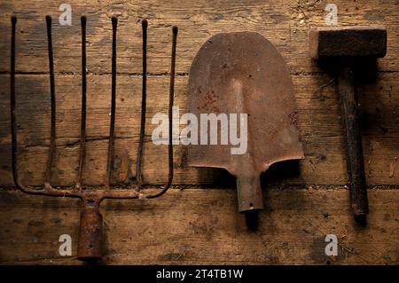 Attrezzi agricoli in metallo arrugginito molto vecchi - pala, martello, forca. Pavimento in legno squallido, colori marrone. Sfondo semplice. Copia spazio Foto Stock