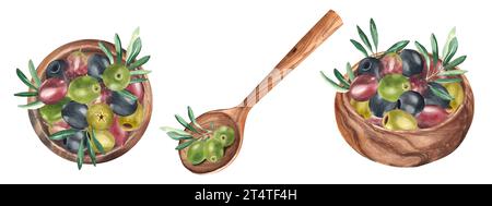 Olive e rami di ulivo in ciotola di legno e cucchiaio dalla vista superiore e laterale isolati su sfondo bianco. Mano ad acquerello verde, nero e rosso Foto Stock