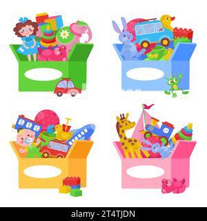 Scatola dei giocattoli per bambini. Aiuti umanitari infantili in container. Donazioni di beneficenza per i bambini piccoli. Bambole e auto colorate. Animali di peluche. Giocare a palle e. Illustrazione Vettoriale