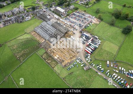 Veduta aerea della vendita di agnello da mulo del nord dell'Inghilterra presso Hawes Auction mart, North Yorkshire, Regno Unito. Foto Stock