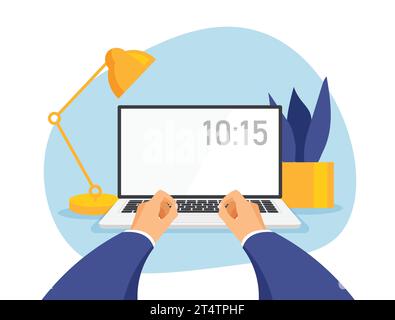 Postazione di lavoro con vista frontale delle mani umane. Notebook con schermo vuoto. L'uomo lavora al computer. Modello di illustrazione vettoriale piatto in uno stile piatto alla moda. Illustrazione Vettoriale
