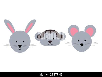 Animale zodiaco cinese in stile piatto, scimmia di topo di coniglio. Illustrazione vettoriale Illustrazione Vettoriale