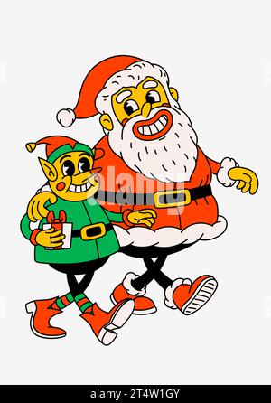 Cartoni animati retrò Claus e Christmas Elf. I divertenti personaggi di Babbo Natale ed Elfo d'epoca degli anni '70 che camminano a braccetto Illustrazione Vettoriale