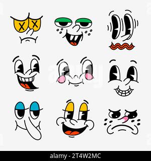 Personaggi dei cartoni animati retrò volti divertenti. Mascotte sorridenti vintage anni '30 anni '60 anni '70 con varie emozioni Illustrazione Vettoriale