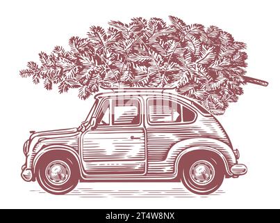 Auto retrò con albero di Natale in cima in stile sketch art. Illustrazione vettoriale vintage disegnata a mano Illustrazione Vettoriale