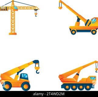 Le icone della gru impostano il vettore dei cartoni animati. Veicolo da trasporto per lavori edili. Apparecchiature industriali Illustrazione Vettoriale