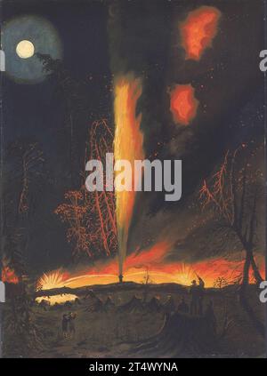 James Hamilton, Burning Oil Well at Night, vicino Rouseville, Pennsylvania - c1861 Foto Stock